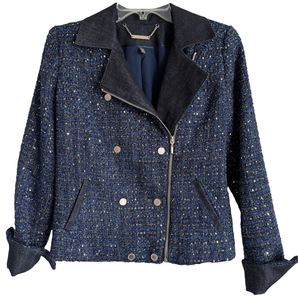 White House Black Market Sequin Navy Blue Denim & Gold Tweed Moto Jacket Size 0